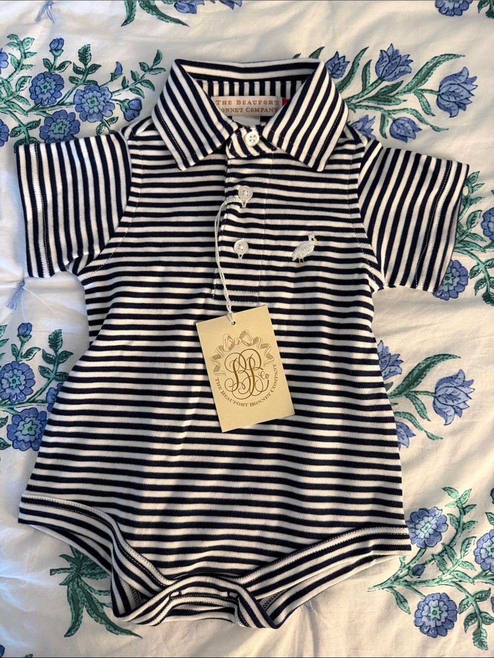 The Beaufort Bonnet Company Navy & White Striped Polo Romper